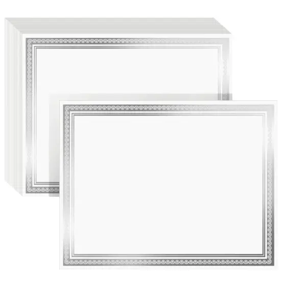 50 Sheets Silver Foil Certificate Paper for Printing - Customizable Blank Cardstock with Border for Graduation Diploma, Achievement Awards, Recognition Documents (8.5 x 11 in, White) {1}