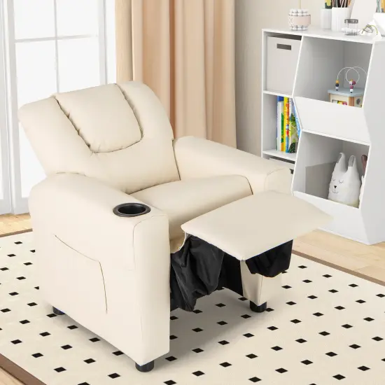 Sponge PU Wood PP Kids Recliner Chair with Adjustable Backrest, Footrest and Firm Cushion Beige {5}