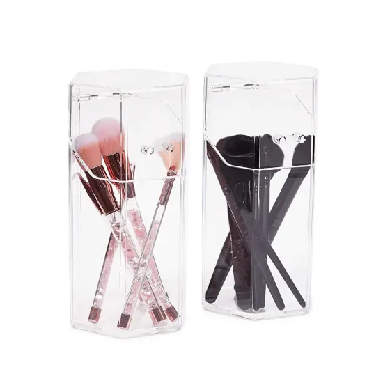 Glamlily 2-Pack Clear Acrylic Makeup Brush Holder with Lids - Covered Hexagon Cosmetic Organizer and Storage for Brushes, Mascara, Eyeliner, Beauty Supplies (4.3x3.9x8 in) {1}