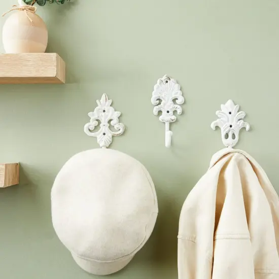 Set of 3 Cast Iron Wall Hooks, French Country Farmhouse Design, Includes Screws and Anchors (6.5 In, White) {2}