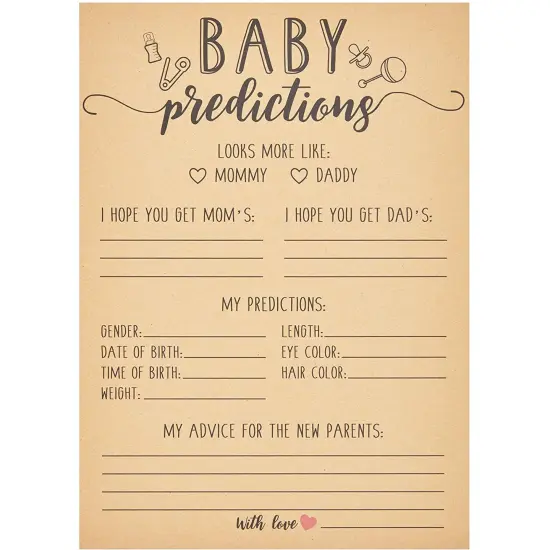 50 Sheets Baby Shower Prediction and Advice Cards for Gender Reveal Games, Party Activity (5x7 in) Brown {7}