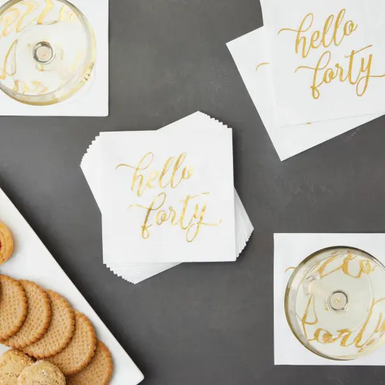 50 Pack Hello Forty Cocktail Napkins with Gold Foil for 40th Birthday Decorations, 3-Ply, White (5 x 5 In) {2}