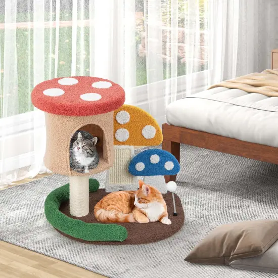 Costway 23.5 Inch Tall Mushroom Cat Activity Center with Scratching Board & Spring Ball {4}