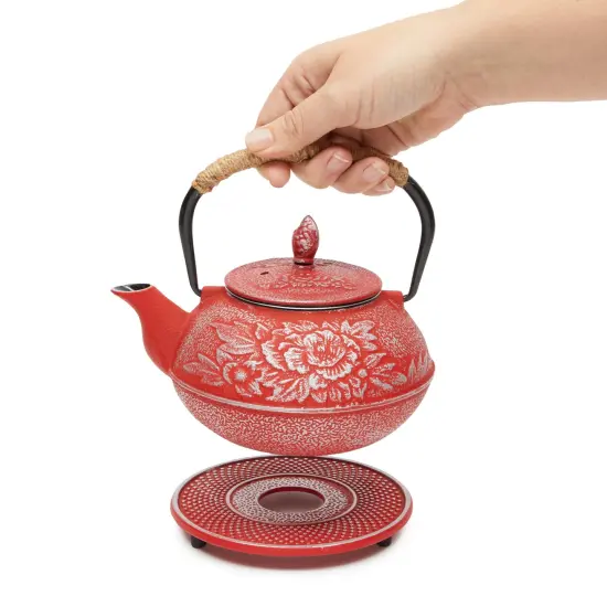 Cast Iron Teapot with Infuser - Japanese Tea Kettle, Loose Leaf Tetsubin with Handle and Trivet (Red, 3 Pcs, holds 27 oz, 800 ml) {4}
