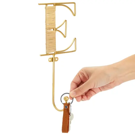 4 Piece Wall Mount Key Holder with 4 Hooks, Rustic Rattan Home Letters for Key Storage (4 x 10 In) Gold {3}