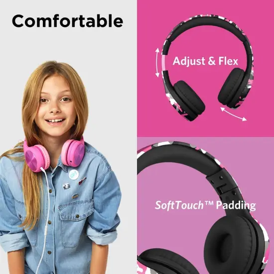 LilGadgets Connect+ Pro Wired Kids Headphones for School with Microphone, Volume Limiting & Noise Reduction Over-Ear Headset with Cord, SharePort Technology & SoftTouch Padding, Pink Camo, Ages 3-14 {2}