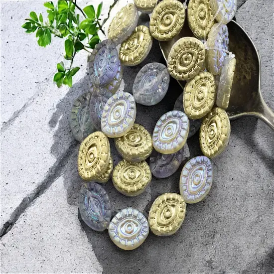 *10* 14x11mm Gold Washed Opaque Matte Crystal Luster AB Mystic Eye Beads {2}