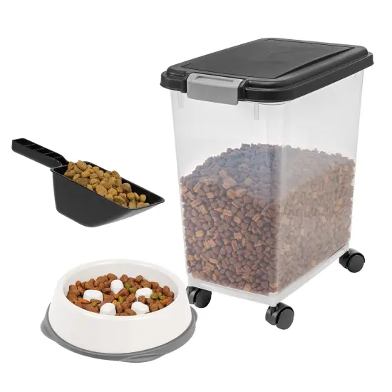 IRIS USA 30Lbs Airtight Dog Food Storage Container with 2-Cup Scoop and Slow Feeder Bowl Combo, Black {1}
