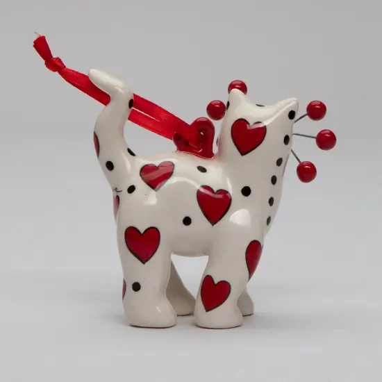 Ceramic White Cat with Red Hearts Ornament, Home Décor, Gift for Her, Mom, Cat Lovers Gift, Pet Loss Gift, Valentines Day Decor {5}
