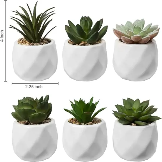 Mini Assorted Green Faux Succulent, Indoor Fake Plants in Geometric Ceramic Pots, Set of 6 {4}
