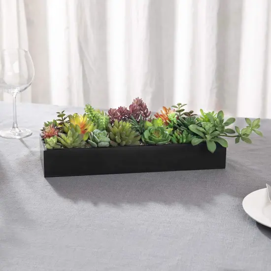 Artificial Succulent Centerpiece,15.75 Inch Faux Succulents Arrangement Plants in Sleek Black Wooden Rectangular Planter Box {3}