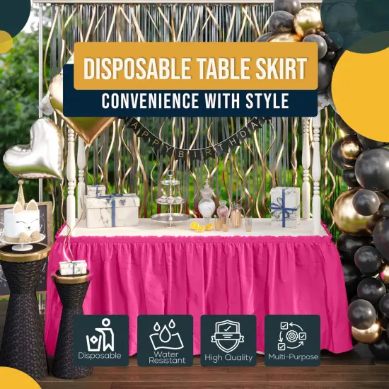 Ruffle Disposable Table Skirt 14 Ft Long Pleated Table Skirts with Adhesive Strip &ndash; Fits 6ft+ Rectangle or Round Tables &ndash; Ideal for Birthday Parties, Gender Reveal, Baby Showers & Event Decorations 6 pack by Exquisite Hot Pink {6}