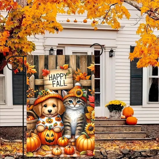 Happy Fall Pumpkin Garden Yard Flag 12x18 Inch(Fall Dog Cat) {2}