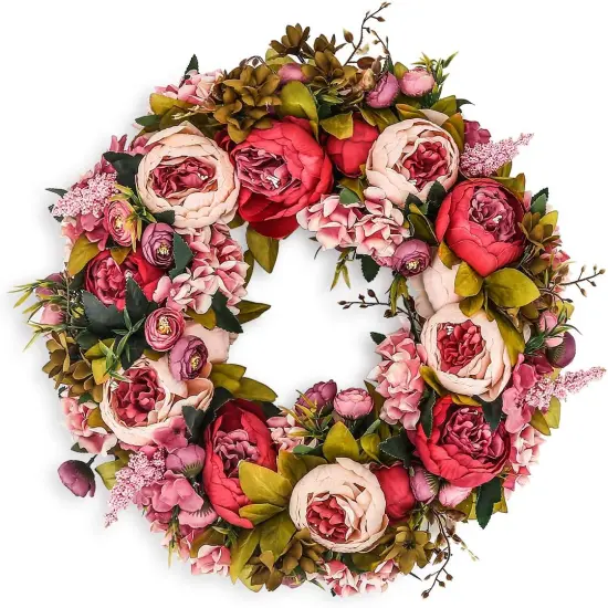 Artificial Peony Flower Wreath 19Inch Vintage Blooming Silk Peonies Spring {1}