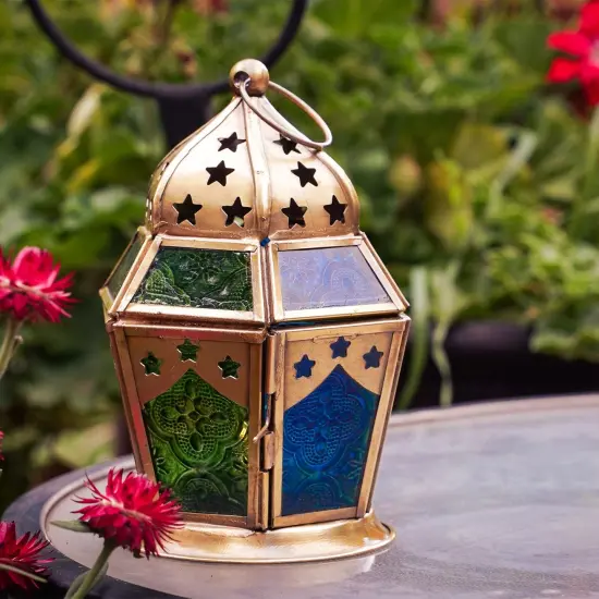 In the Breeze 9209 — Blue & Green Hex Tealight Lantern — Moroccan-Style Boho Chic Tealight Glass and Metal Tabletop Lantern {2}
