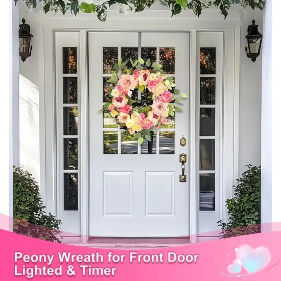 Peony Floral Wreath 22" Spring Wreaths for Front Door & Lights Timer Large Pink Peonies {2}