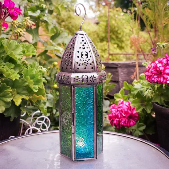 In the Breeze 9215 &mdash; Teal & Green Large Hex Tealight Lantern &mdash; Moroccan-Style Boho Chic Tealight Glass and Metal Tabletop Lantern {2}