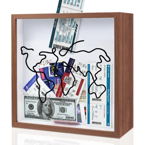 Adventure Archive Box 12x12inch Gifts for Dad Father From Wife/Daughter/Son, Wooden Travel Shadow Box with Slot, Loading Tickets Display Case Memories Travel Box Frame for Keepsake, Dark Brown {3}