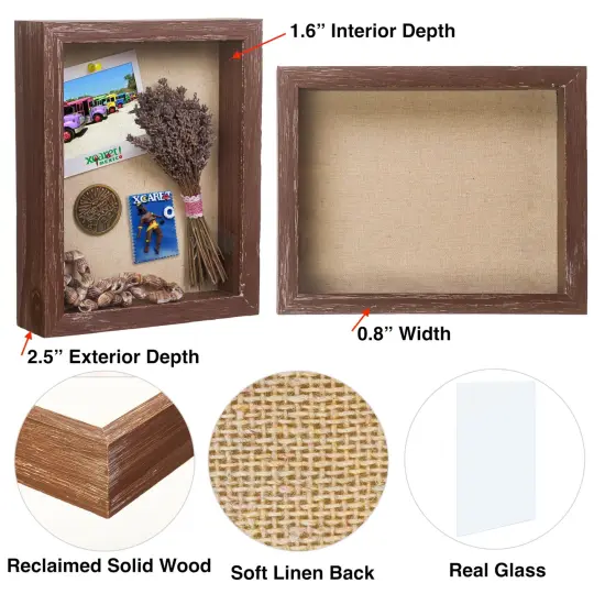 Shadow Box Picture Frame 8x8 Natural Wood Display Case with Linen Back for Memorabilia, Pins, Awards, Medals, Tickets and Photos - Weathered Brown {1}