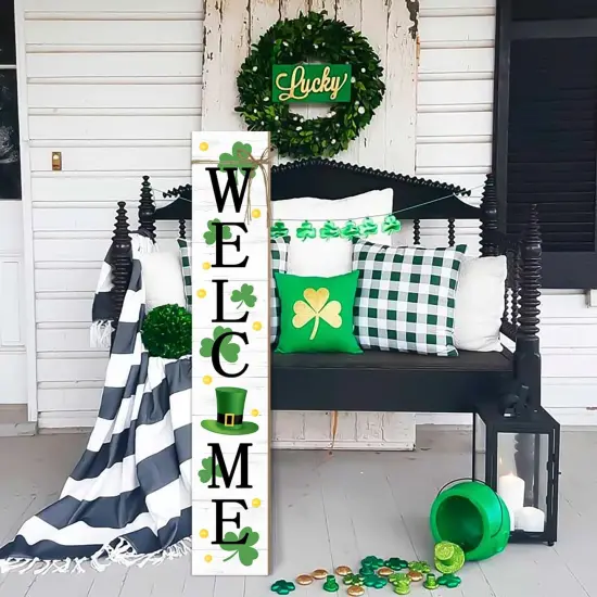 St. Patrick's Day Wooden Porch Sign 47" Spring Large Welcome Porch Sign for Home Front Door Yard Clover Party Decor (Green) {2}
