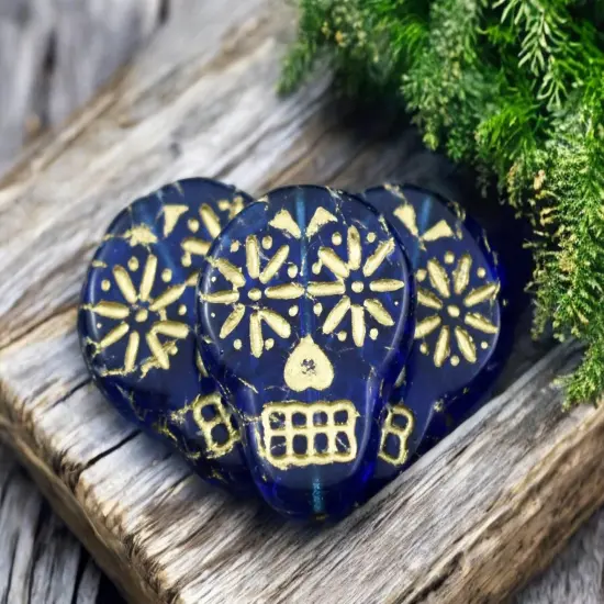 *10* 20x17mm Gold Washed Transparent Deep Blue Sugar Skull Beads {2}