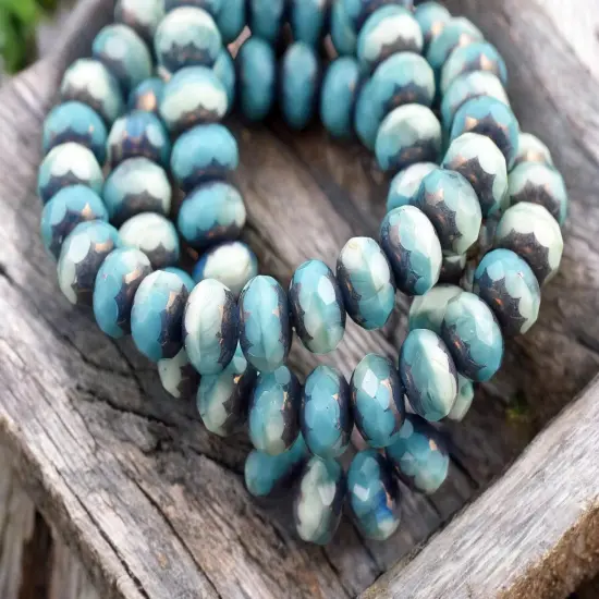 *25* 6x8mm Bronze Washed Blended Turquoise & Sea Green Fire Polished Rondelle Beads {4}