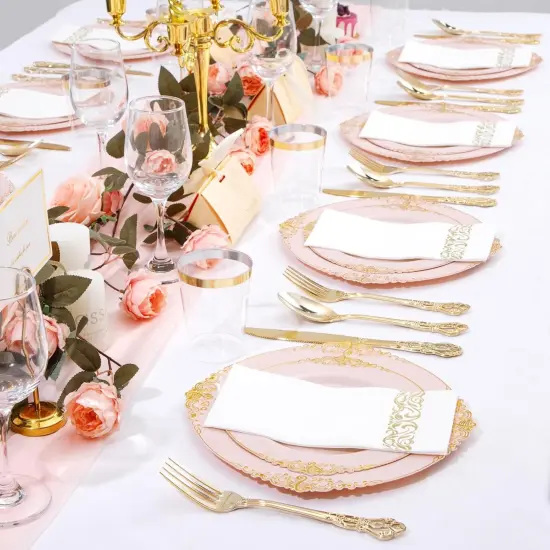 700PCS Pink and Gold Plastic Dinnerware Set &ndash; Disposable Plates, Silverware, Cups & Napkins for Wedding, Party & Events {2}