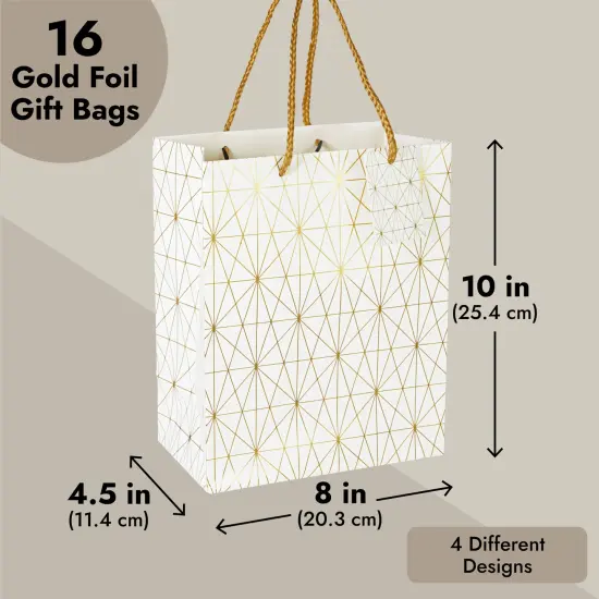 16-Pack Medium White and Gold Gift Bags with Handles & Tags for Weddings Baby Bridal Showers Birthday Party Favors, 4 Geometric Foil Designs (8 x 10 x 4.5 Inch) {3}