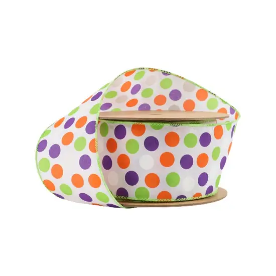 LaRibbons 2 1/2" Wired Ribbon | Multi-Colored Dots on White | 10 Yard Roll {2}