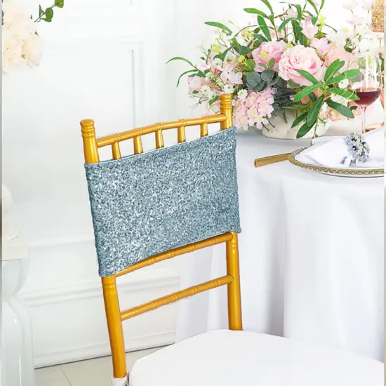 10 Pieces Elegant Dusty Blue Sequin Stretch Spandex Chair Bands 7 x 13 Inches {2}