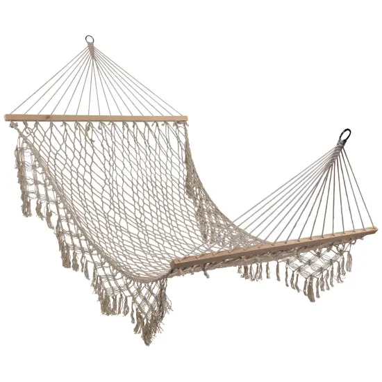 Northlight Lattice Macrame Rope Hammock with Wooden Bars - 74" x 59" - Cream White {1}