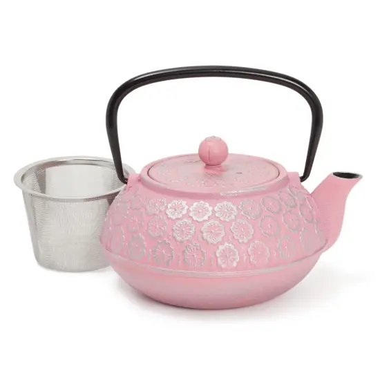 Pink Floral Cast Iron Teapot Kettle with Stainless Steel Loose Leaf Infuser (34 oz) {1}
