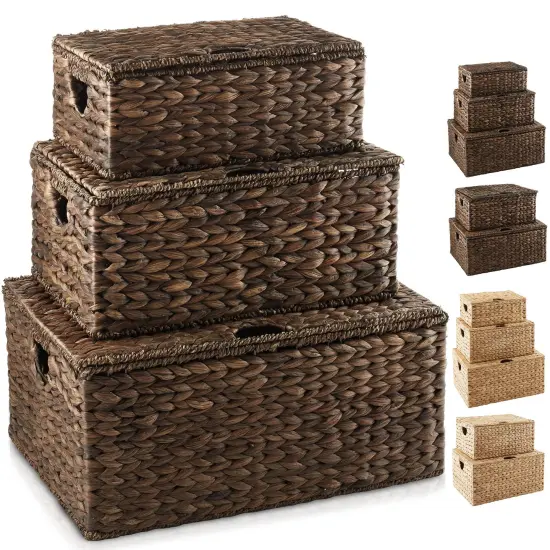 Casafield Water Hyacinth Rectangular Storage Baskets with Lids, Multipurpose Shelf Organization Totes for Bedroom, Bathroom, Laundry, Home Office {7}