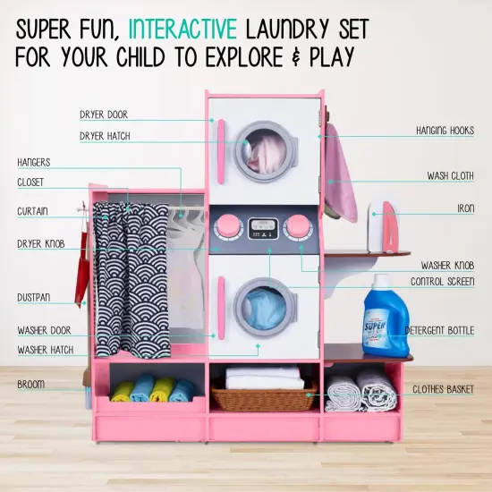 Lil' Jumbl Wooden Pretend Laundry Playset for Kids with Washer and Dryer Pink {2}