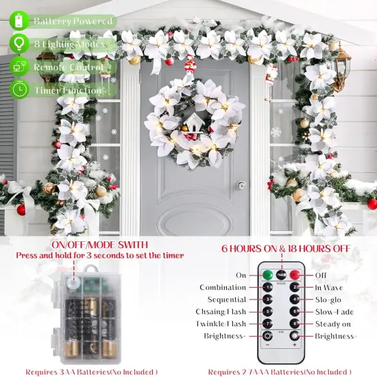 5 Pcs Prelit Poinsettia Winter Christmas Garland with Lights Glitter {4}