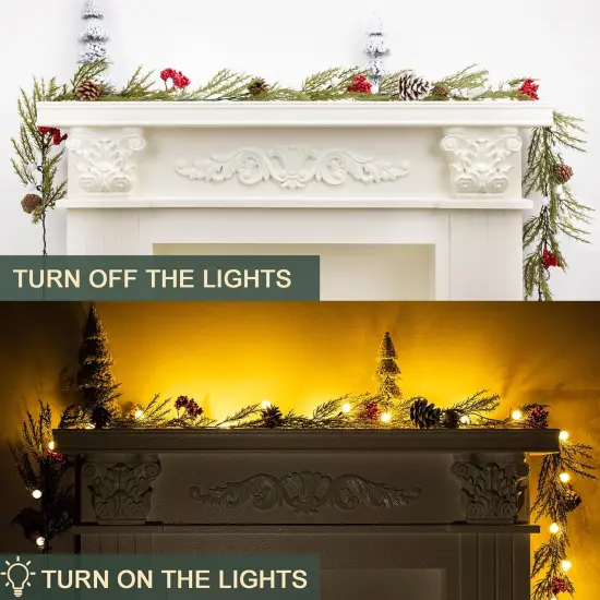 Christmas Garland with Lights, 6FT Artificial Red Berry Xmas Garland and Pinecones {1}