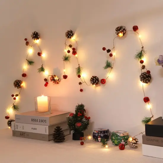 10FT 30LED Red Berry Pine Cone Garland {3}