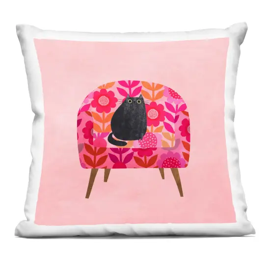 Stupell Industries Cat on Retro Floral Chair Decorative Printed Throw Pillow design by Planet Cat by Angie Rozelaar, 18 x 7 x 18 {1}