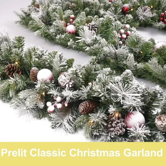 Christmas Garland Flocked 9ft with 50 Lights, Christmas Decor with Pine Cone Red Balls {3}