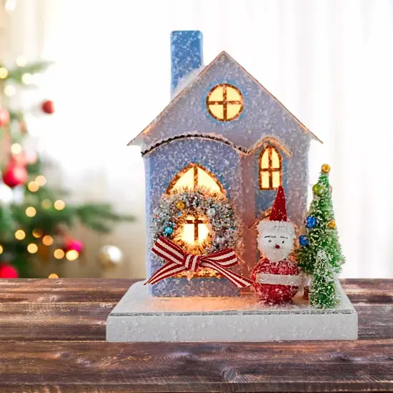 Cody Foster 8.0 Inch Petite Blue House Christmas Putz House , Christmas Decor Retro Village Mantle Light Up {5}