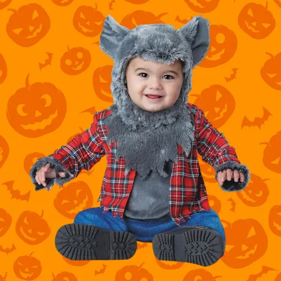 Infant Wittle Werewolf Costume with Fur Hood and Plaid Shirt {2}