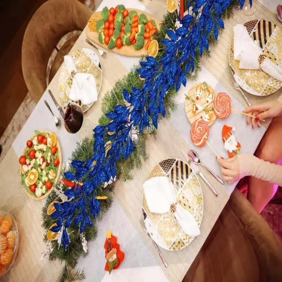 3 Pcs 6FT Christmas Garland Blue Glittered Artificial Magnolia Leaves {3}