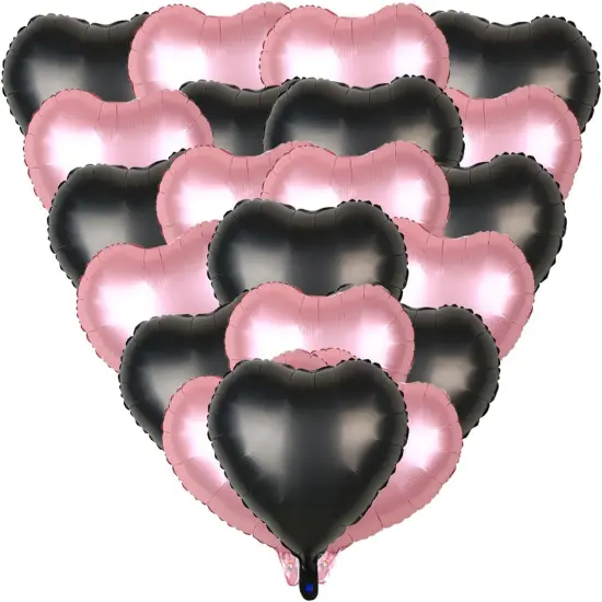 18Pcs Black Pink Heart Balloons Foil Helium Balloon(Black and Pink) {1}