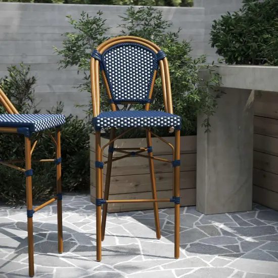 Merrick Lane Sacha Set of Two Stacking Bistro Bar Stools with PE Seats and Backs and Metal Frames for Indoor/Outdoor Use Navy&White/Natural {6}