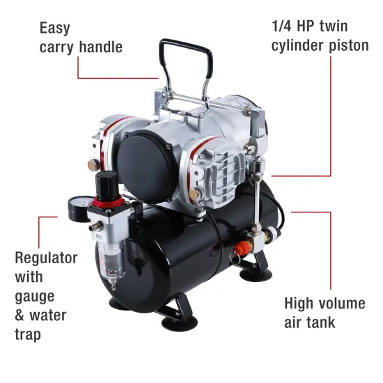 Professional High Performance Twin Cylinder Piston Airbrush Air Compressor with Air Storage Tank, Regulator, Gauge & Water Trap Filter {2}