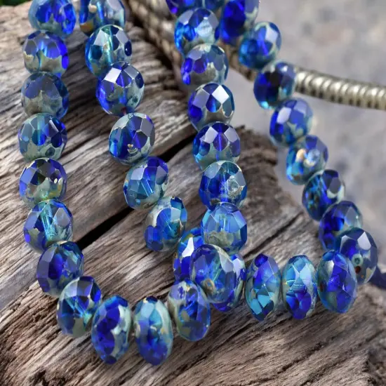 Sapphire Aqua Picasso Fire Polished Rondelle Beads - 5x7mm or 6x8mm {3}