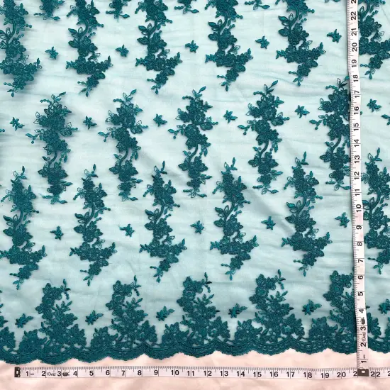 1 Yard Corded Bridal Lace Fabric Embroidered Elegant Net Mesh Couture Gown 54" Width Turquoise {4}