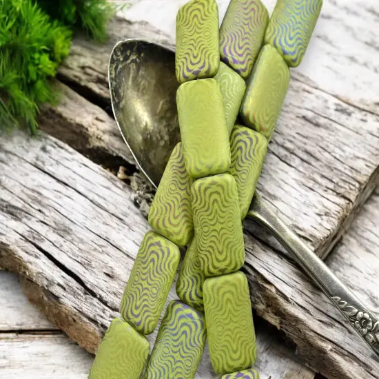 *6* 18x12mm Laser Etched Matte Chartreuse Rainbow Rectangle Beads {3}