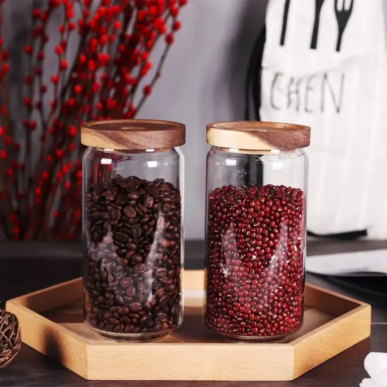Home Borosilicate Glass Kitchen jars/Canisters with Acacia Wood Airtight Lid Set-2 Pack 30Oz/900ml,Minimalist Preprinted Farmhouse Style. White Matte Sticker Black Text. {4}