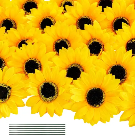40 Pcs Summer Sunflower Heads with Stems &ndash; Bright Yellow Artificial Silk Flowers for Home & Garden Decor Floral Arrangements {1}